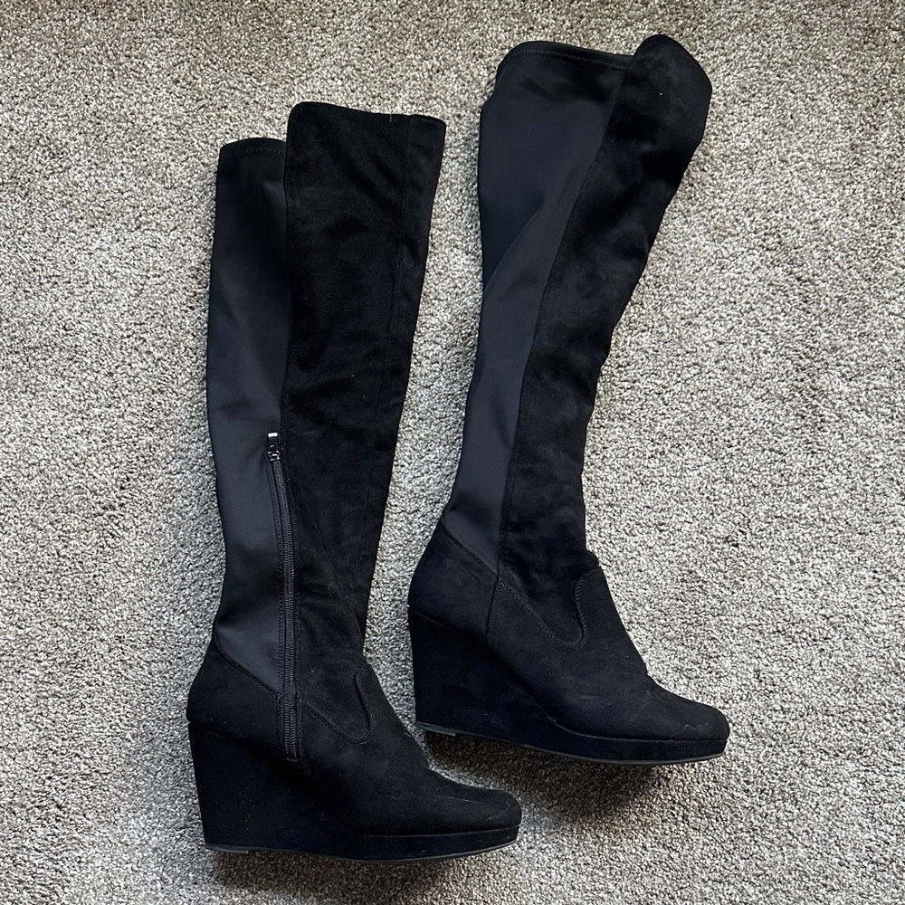 Elegant Black Wedge Knee-High Boots